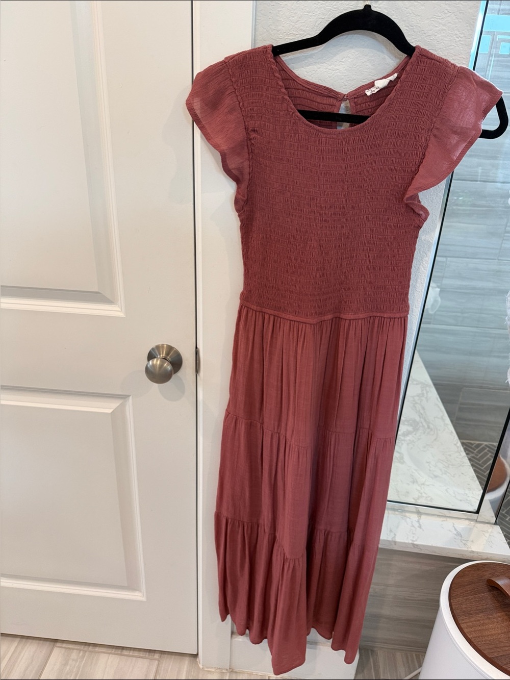 Smocked Flutter-Slee Maxi Dress in Dusty Rose